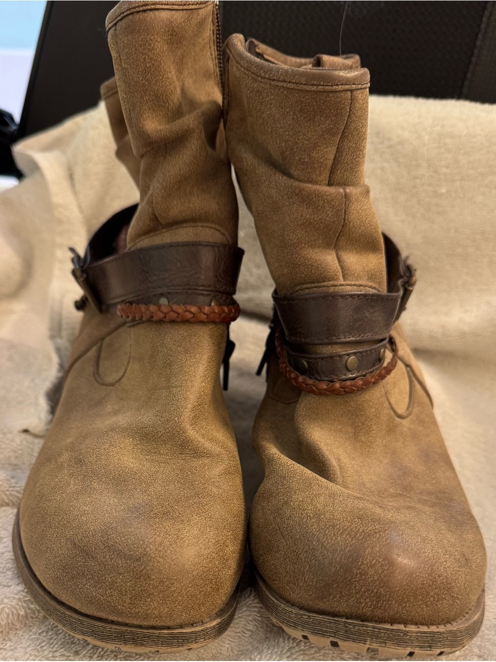 Women's Tan Suede Casual Ankle Boots with Braided Strap